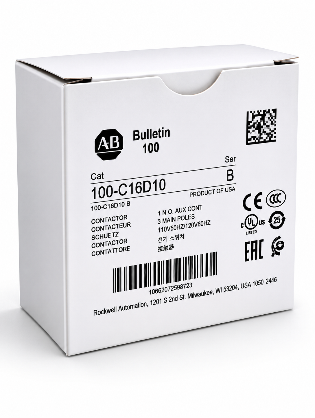Allen-Bradley 100-C16D10 IEC Contactor, 16 Amp, 120VAC Coil 16A New in Box
