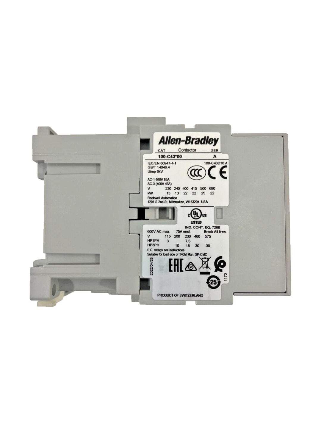 Allen-Bradley 100-C43D10 IEC Contactor, 43 Amp, 3P 43A 100C43D10