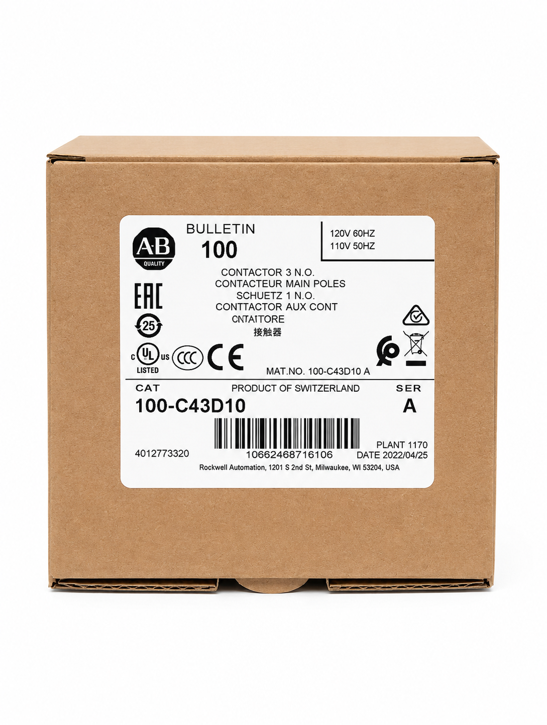 Allen-Bradley 100-C43D10 IEC Contactor, 43 Amp, 3P 43A 100C43D10