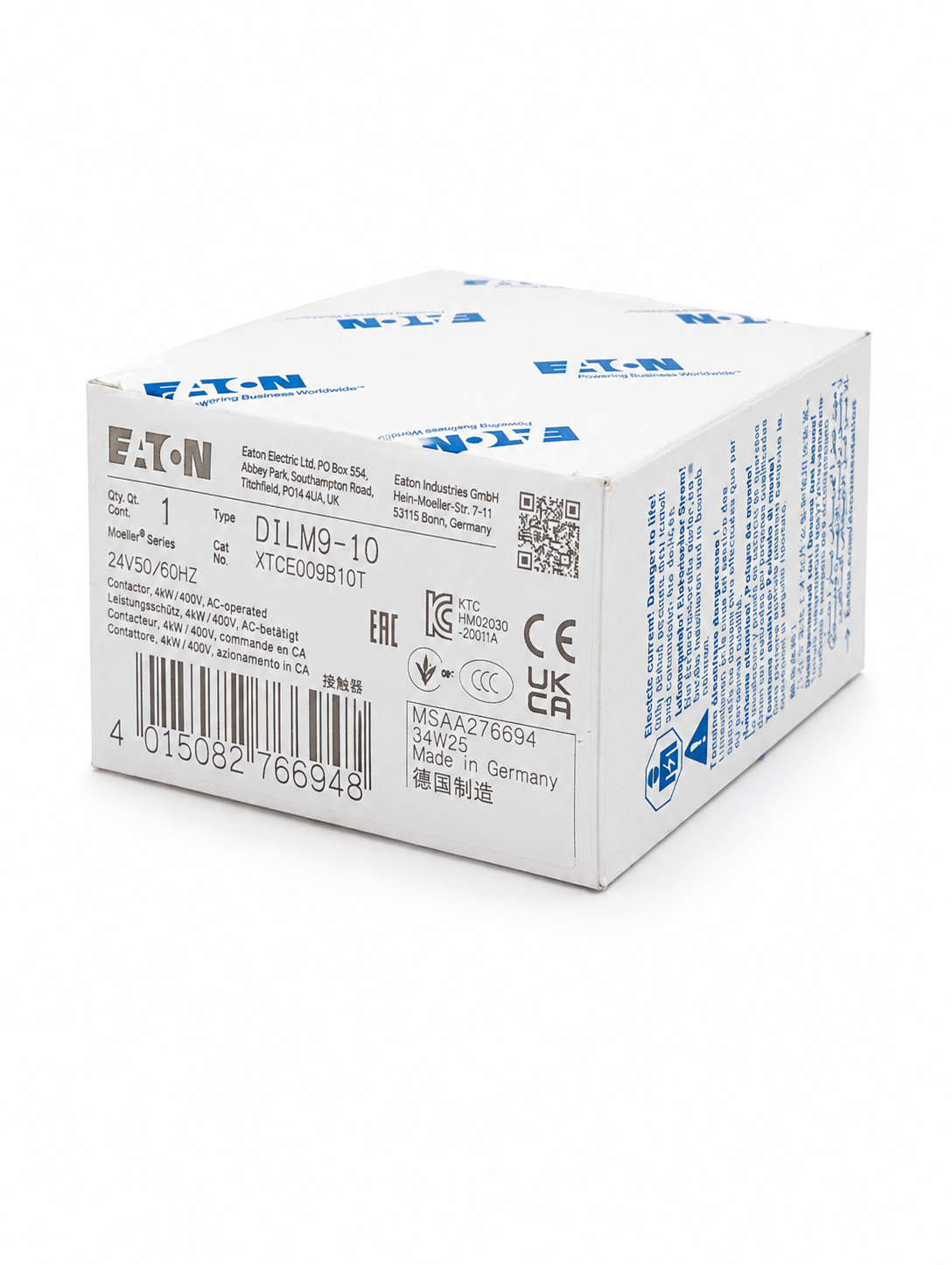 EATON XTCE009B10T XT IEC Contactor, Three-pole, 9A, 1NO, Contact