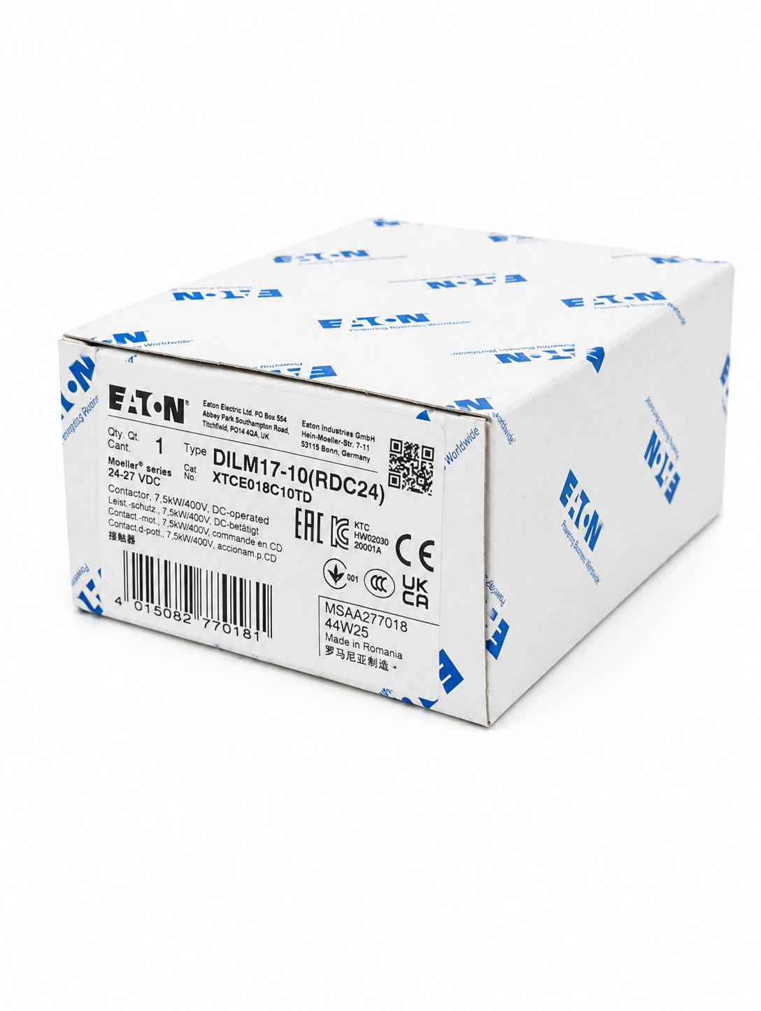 EATON XTCE018C10TD XT IEC Contactor, Three-pole, 18A, 1NO, Contact