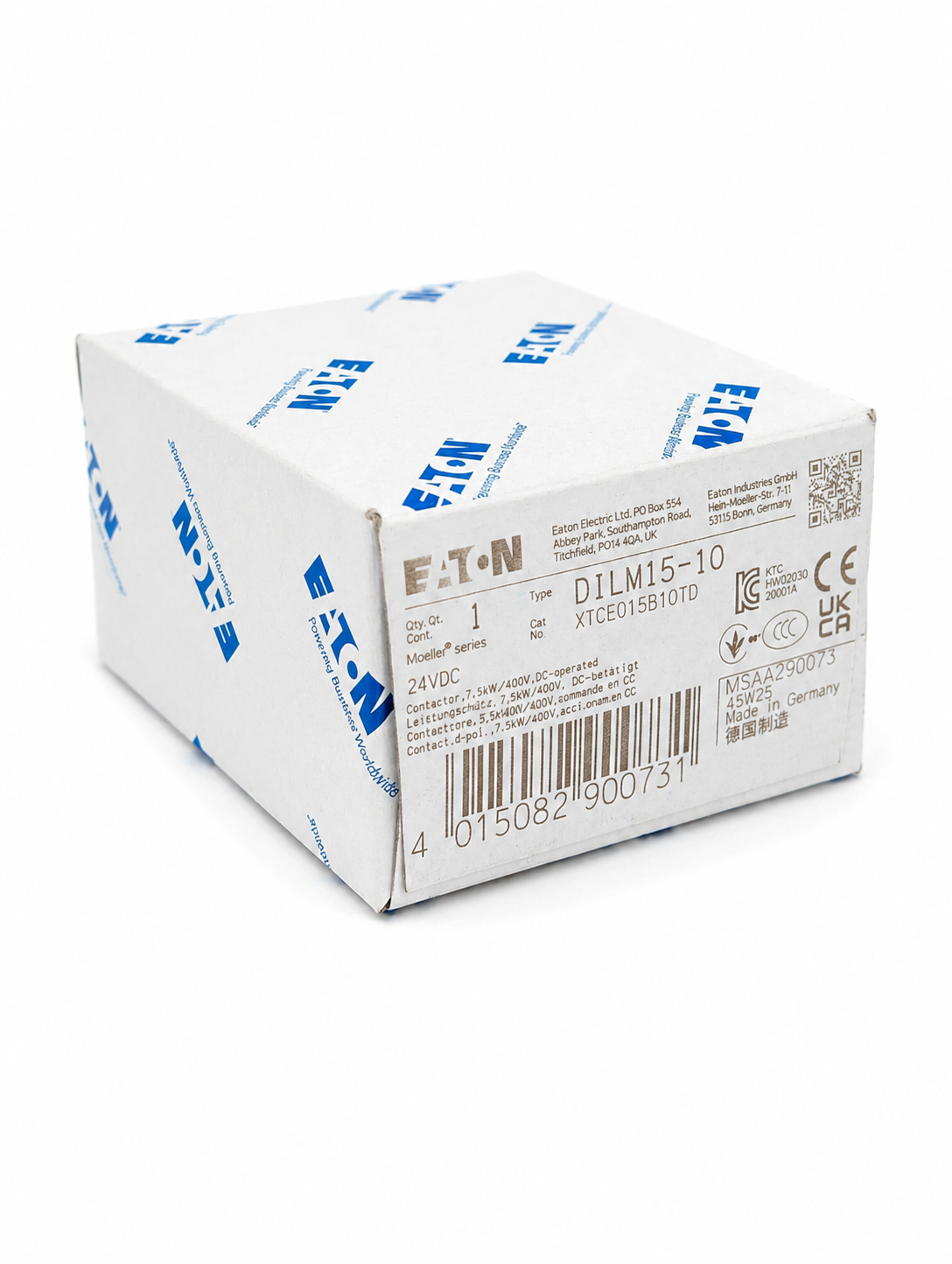 EATON XTCE015B10TD XT IEC Contactor, Three-pole, 15A, 1NO, Contact