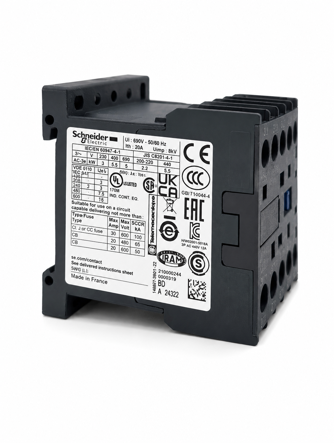 Schneider Electric LP1K1210B Contactor TeSys K 3P AC-3/AC-3e 440V 12A 1NO aux24v