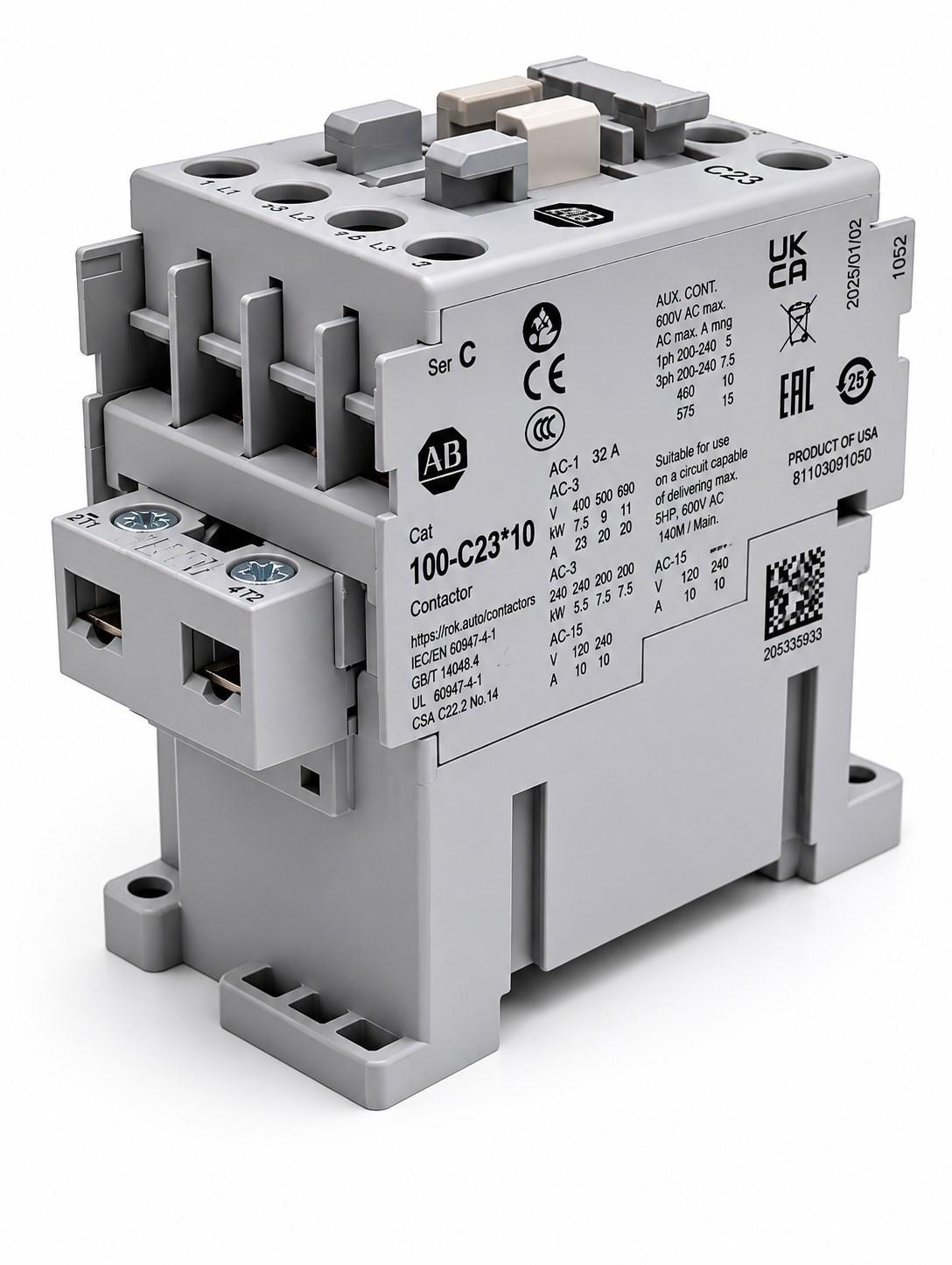 Allen-Bradley 100-C23D10 /C IEC Contactor, 110/120 VAC, 3-P, 23A