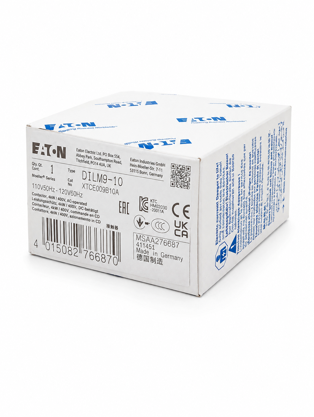 EATON XTCE009B10A XT IEC Contactor, Three-pole, 9 A, 1NO, Contact