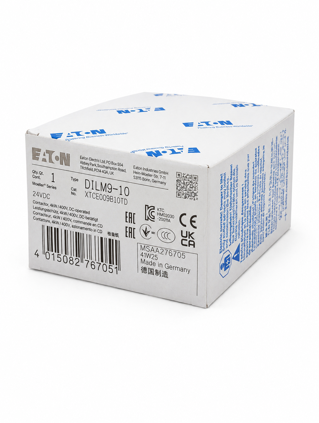 EATON XTCE009B10TD XT IEC Contactor, 9 A, Three-pole, 1NO, Contact