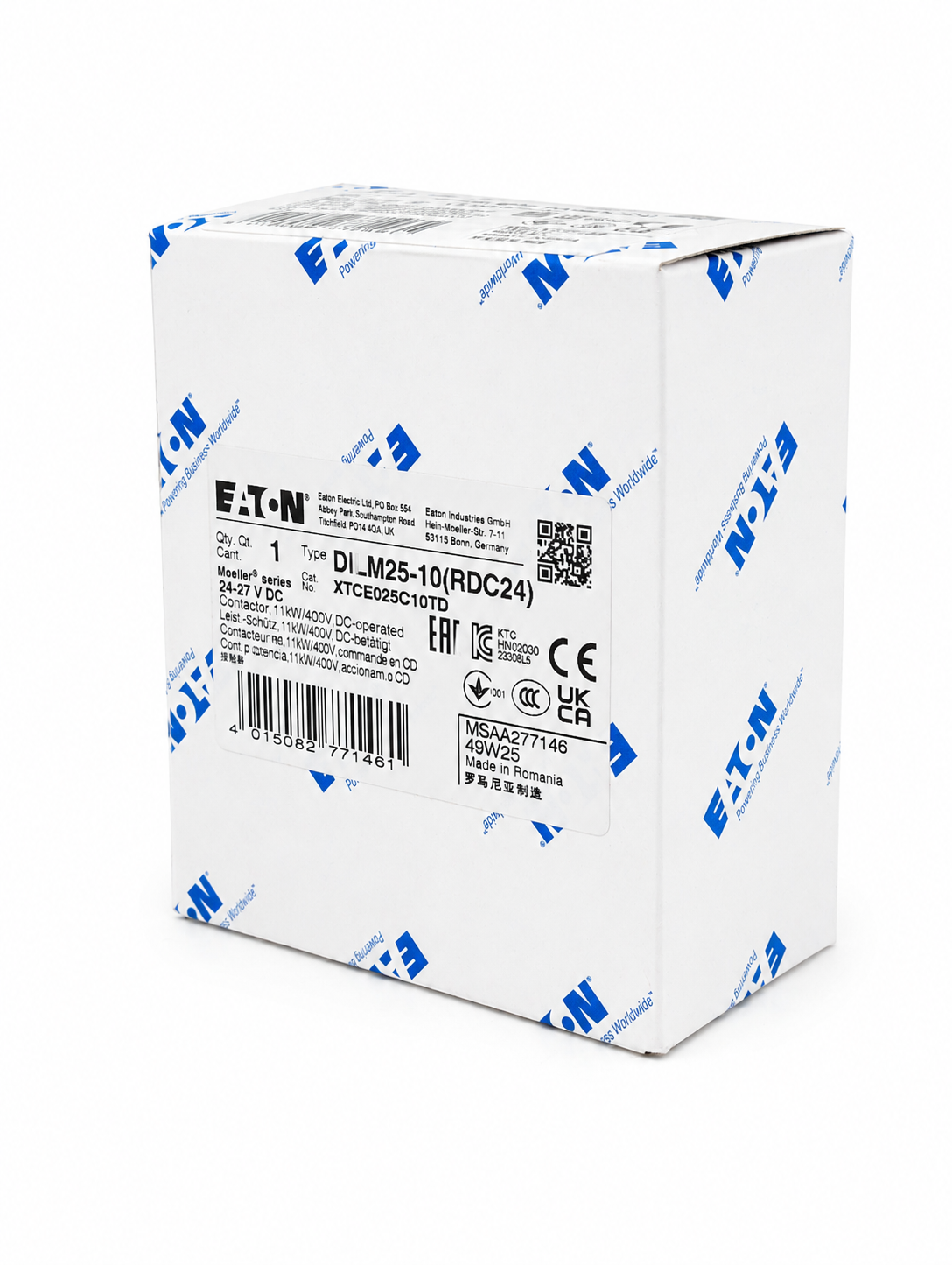 EATON XTCE025C10TD XT IEC contactor, 25A, Screw terminals