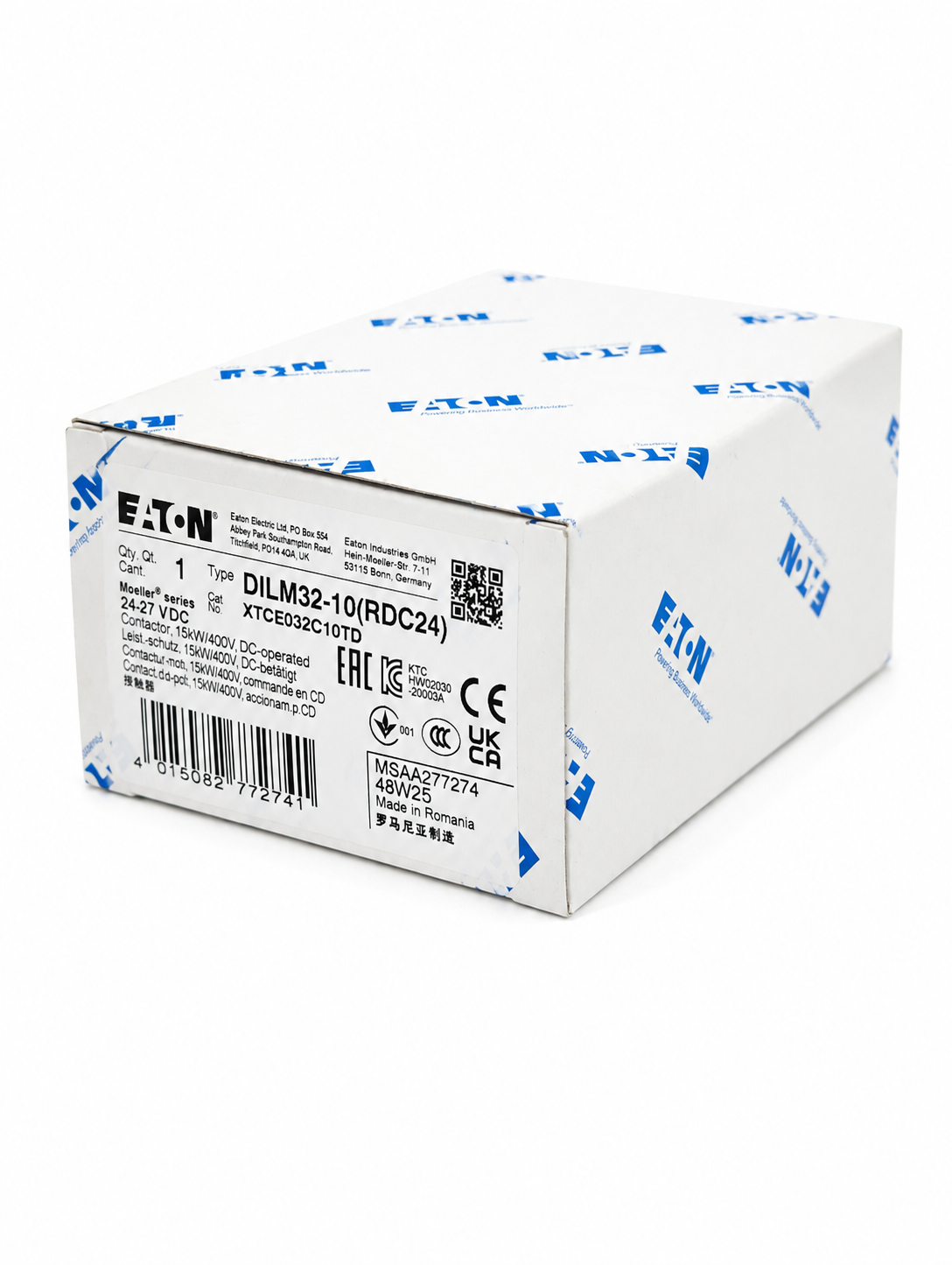 EATON XTCE032C10TD XT IEC Contactor, Three-pole, 32A, 1NO, Contact