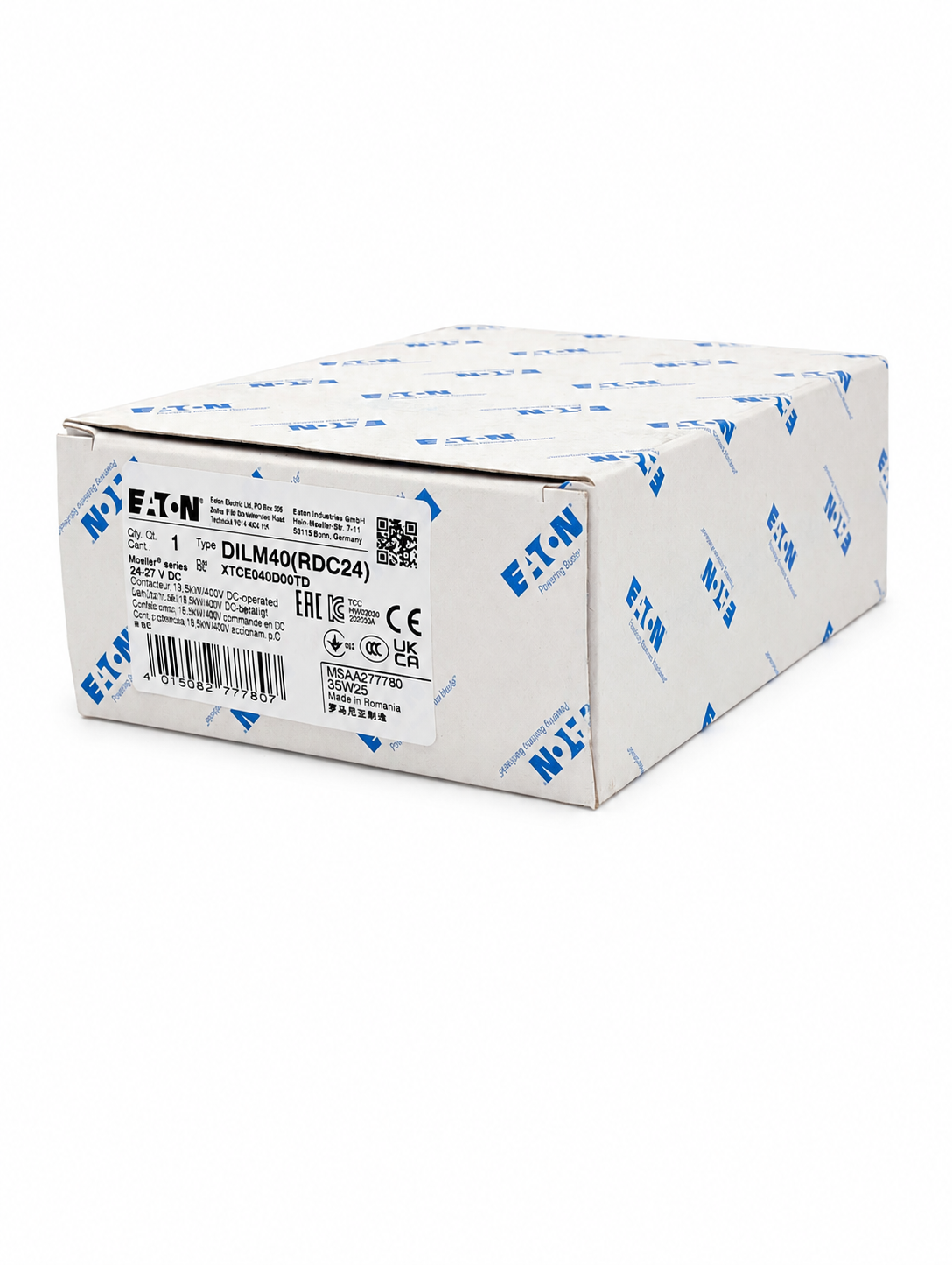 EATON XTCE040D00TD XT IEC Contactor, 3-pole, 40A, 0NO-0NC, Contact