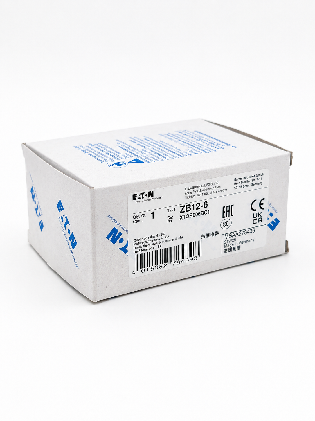 EATON XTOB006BC1 Bimetallic overload relay 4-6A 1NO-1NC contact